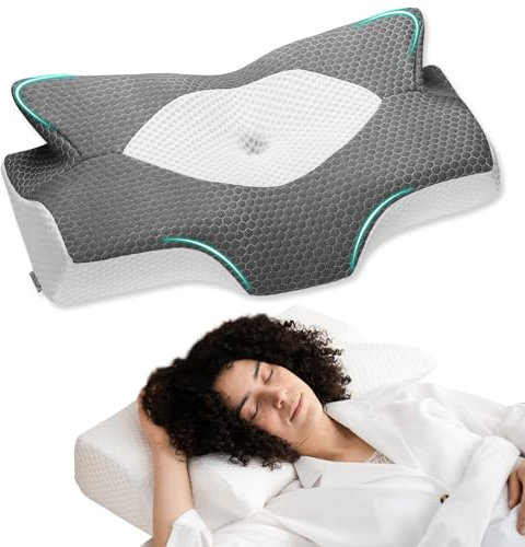 Elviros Almohada Cervicales y Cuello,Almohadas Ergonómica Memory Foam,Almohada Cervical Viscoelastica per Dormir de Lado,Boca Abajo Boca Arriba,64 x 40 x 13/11.5 cm,Funda Ice Silk Lavable,Gris Oscuro