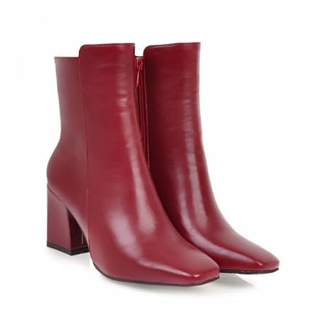 OTMYIGO Botas de tacón Alto para Mujer, Botines Cortos clásicos de tacón Grueso, Botas a Media Pantorrilla con Cremallera Lateral, Zapatos de Fiesta Elegantes de Moda,Rojo,42 EU