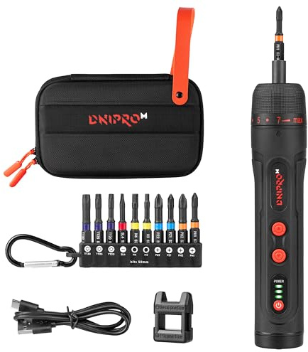 Dnipro-M Destornillador Eléctrico 3.6V, Atornillador Eléctrico a Batería 2000 mAh USB-C, 4,5 Nm Auto / 10 Nm Manual, 320 rpm, Luz LED, 10 Puntas – Mini Atornillador para Muebles y Bricolaje, CSD-40X