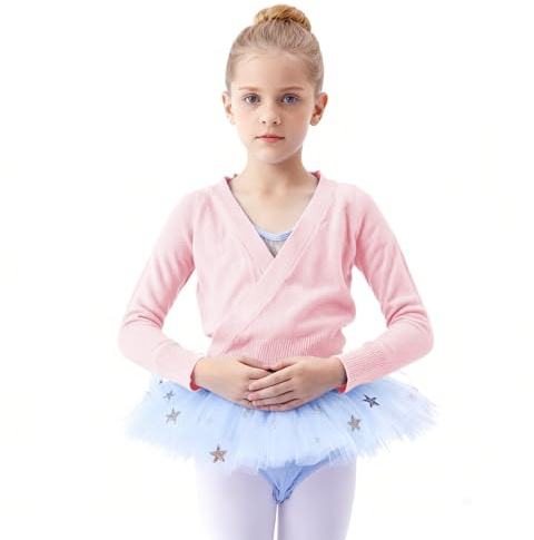 LXEASYGO Girls Ballet Wrap Tops Knitted Dance Cardigans Kids Long Sleeve Crossover Dance Sweater (UK, Age, 7 Years, 8 Years, Regular, Pink)