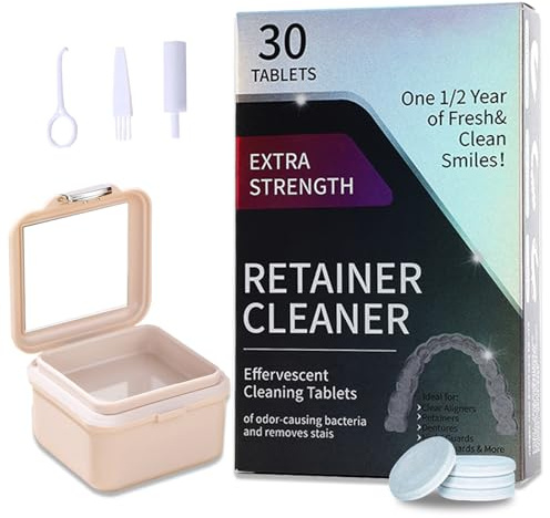 Retainer - Set di 30 compresse per la pulizia del retainer, pulizia degli odori e rimozione delle macchie, pastiglie di pulizia per dentatura, retainer, binario dentale