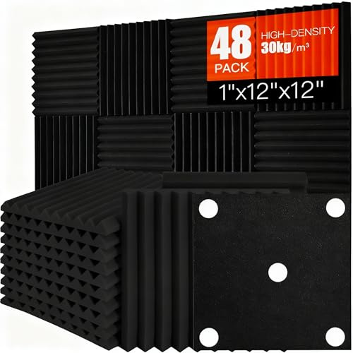 Paneles acústicos autoadhesivos, 48 unidades, placas de espuma acústica, placas absorbentes de sonido, cuñas, aislamiento acústico, aislamiento acústico, para estudio, oficina, tratamiento acústico
