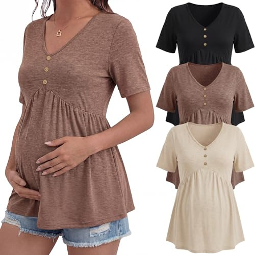 Cutecrop 3 Pack Women Maternity Shirts Short Sleeve Pregnancy Tunic Tops 2026 Summer Casual V Neck Flowy Maternity Blouse(Black, Khaki, Apricot,L)