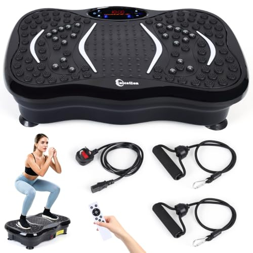 Ruication Vibration Plate Exercise Machine, Vibration Fitness Trainer with Bluetooth Speaker, Home Exercise Equipment for Fitness Body Toning 5 Program Modes 99 Speed Levels, 2 Resistance Bands