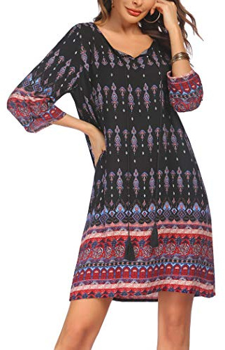 Zeagoo Vestido Túnica Verano Manga 3/4 Casual Boho Vestidos hasta la Rodilla para Mujer Vestido Camiseta S-XXL