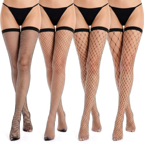 Matwsec 4 Pairs Thigh High Fishnet Stockings, Black Fishnets for Women with Stay Up Design Nylon Hosiery, High Fishnet Stockings for Women