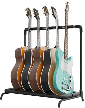 Flexzion 5 gitarrställ – metallkonstruktion multigitarrställ och gitarrorganisatör, hopfällbart 5 gitarrhållare stativ med vadderat skumrör för elektriska, akustiska, klassiska gitarrer och basar