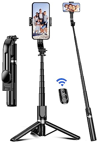 Palo Selfie Trípode, 106cm Trípode Estable Reforzadode de Aleación de Aluminio, Extensible Selfie Stick Móvil con Control Remoto Desmontable Compatible con iPhone/Samsung/Huawei, etc. (Negro)