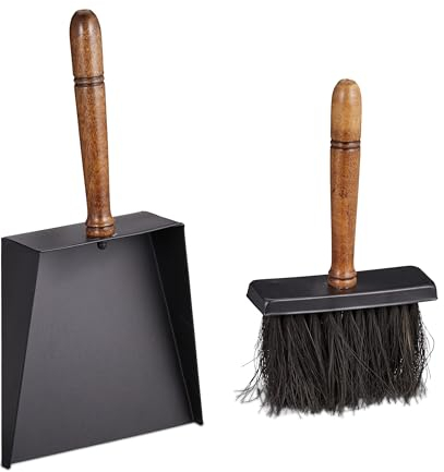 Relaxdays Accesorios Chimenea, Recogedor y Cepillo de Mano, Hierro y Mango Madera, Cerdas Yute, Set Estufa, Negro/Marrón, 8 x 18 x 35,5 cm
