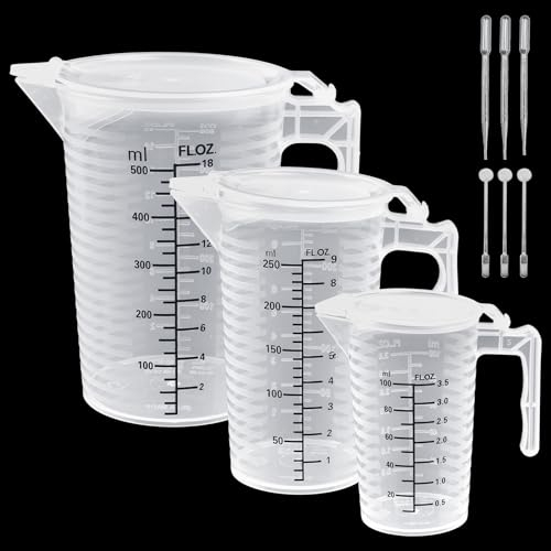 LIMITADA 3 Pezzi Set di Misurino in Plastica Trasparente 100/250/500 ML Misurini Piccoli con Scala Misurini con Coperchio Misurini con Manico Resistenti al Calore per Cucina, Laboratorio, Detersivo