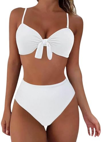 Dislsokrhov Damen Retro Ruched Printed Bikini Tankinis Set Zweiteiliger Swimsuit Größen Hoher Sexy Taille Bikini Set Gepolstert Push Up Badeanzug Bikini Zweiteiliger Weiß, XL