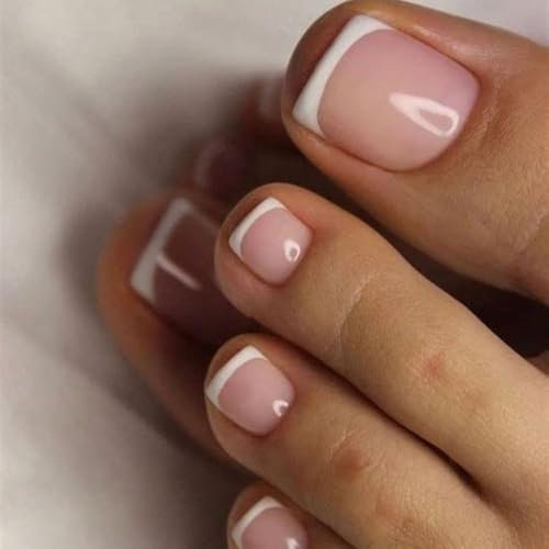 Kabwea 24 Pezzi Lucido Press On Unghie Piedistallo Francese Breve Quadrato Copertura Completa Unghie Artificiali Donne 12 Misure