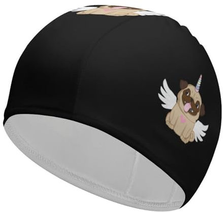 Unicornio Pug con alas Gorro de natación para Adultos Gorro de natación Estampado Gorro de baño cómodo Gorros de Ducha para Cabello Largo y Corto