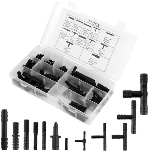 113pcs Vacuum Connector Assortment, Automotive Vacuum Tubing Connector Vacuum Hose Pipe Tube Connector Tee/Straight/Reducer Vacuum Line Connectors Vacuum Fittings (12 Sizes)