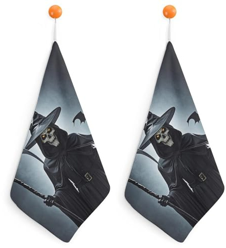 FHECVBN 2PCS 11.8 × 11.8 Inches Washable Kitchen Towels Death Scythe Printed Bath Towels Hand Towels with Hanging Loop Face Towels Christmas Towels Beach Towels