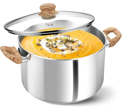 KOCH SYSTEME CS Stainless Steel Pot - 6 Quart Induction Stainless Steel Stock Pot with Lid for Pasta, Soup, Spaghetti, Steel Soup pots with Heat-Resistant Bakelite Double Handle, Dishwasher Safe