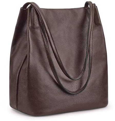 Kattee Bolsos de mujer de cuero genuino suave, con asa superior, bolsa de hombro y bandolera con cierre magnético superior, Café, Medium, Casual