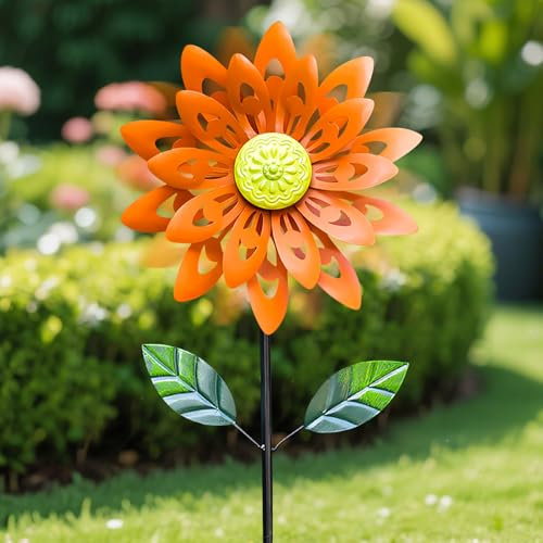 Girasoli da giardino, 120 cm, in metallo, per esterni, decorazione da giardino, mulino a vento con palo da giardino, per esterni, ruote a vento per giardino (D)