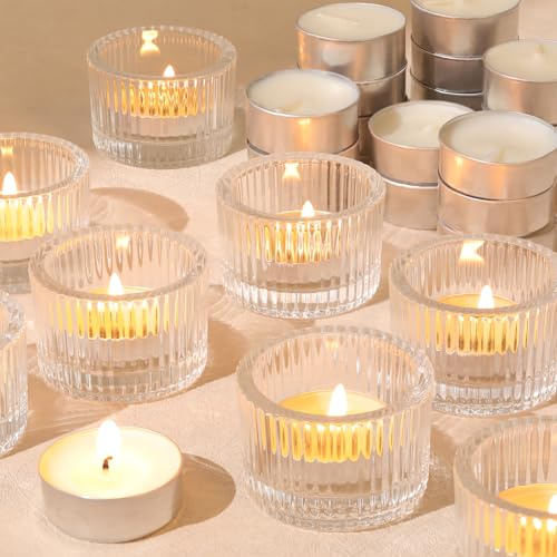 HAVITI 18 Pcs Clear Tealight Candle Holders with 18PCS Tealights Candles, Glass Votive Candle Holders Set for Table Centerpiece, Home Decor and Party Supplies