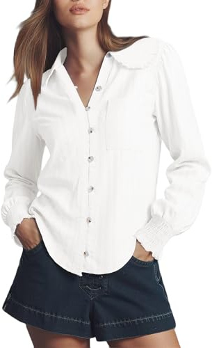 LOMON Button Down Shirts for Women Cotton Blouses Collar Long Sleeve Tops
