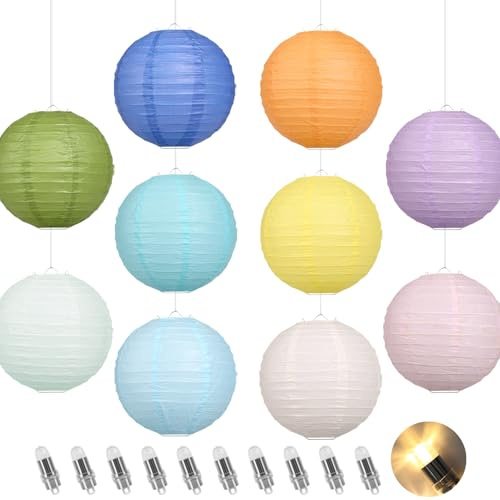 Encham Färgglada lampjoner papperslyktor med LED-lampor 25 cm set om 10 runda lampor flerfärgade batteridrivna för bröllop födelsedag trädgårdsfest festdekoration