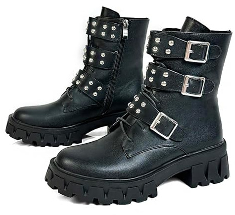 MEOTINA Platform Combat Boots for Womens Goth Boot Motorcycle Riding Ankle Booties Lace Up Chunky Rave Gothic Shoes