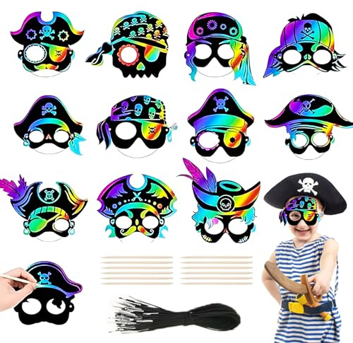 SoeUyd 24 Pezzi Maschere da Grattare per Halloween, Maschere da Graffio a Tema Pirata Arcobaleno, per Bambini e Adulti, per Feste di Halloween, Giochi per Feste di halloween