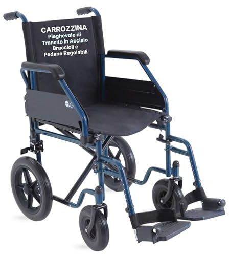 REMEDIA ONE - Sedia a Rotelle Pieghevole Leggera da Transito, Carrozzina per Disabili in Acciaio, Portata Massima 120 kg - Seduta 43 cm, Blu