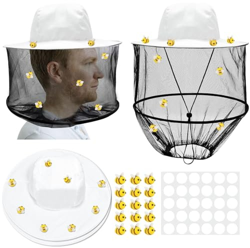 DTESL 47 Pcs Beekeeper Set,Including 2 Pcs Bee Hat and Veil, 15 Pcs Hairball Bee and 30 Pcs Round Double Sided Tape,Beekeeping Helmet Hats with Netting,for Bee Keeper Catcher Halloween Costume