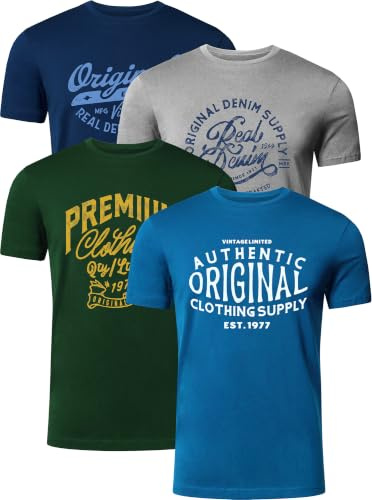 FULL TIME SPORTS Pack de 4 Camisetas Estampadas Hombre, Manga Corta, 100% Algodón, PRINT-002