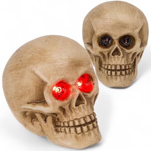 MIJOMA Figura decorativa de calavera con ojos LED rojos – Figura decorativa de Halloween de 10 cm – Decoración de mesa de polirresina – Cráneo luminoso para fiestas, alféizar de ventana, estantería