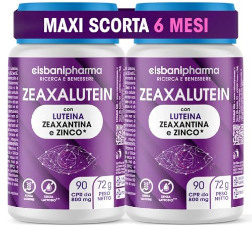 CISBANI PHARMA Luteina e Zeaxantina ad Alto Dosaggio, Integratore Occhi Vista Antiossidante da 800mg (Scorta per 6 mesi) con Mirtillo Nero e Rosso, Zinco, Vitamine A, B2, E - Zeaxalutein 180 Compresse