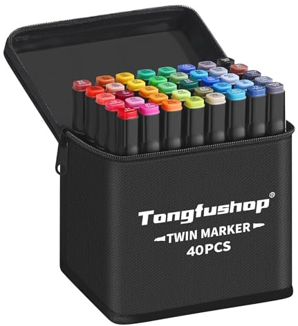 Tongfushop Marcatore 40 Colori, Pennarelli Doppia Punta, Pennarelli ad Alcool Professionali con Borsa e Distanziatore, Adatti per Sketch, Colorare, Illustrazioni, Disegnare, Anime