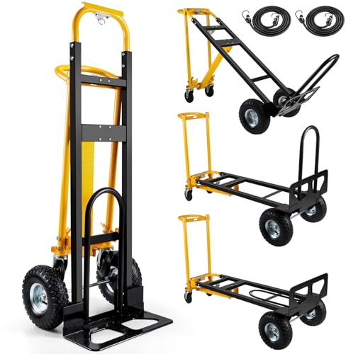 3 in 1 Convertible Hand Truck Dolly Cart with 10 Pneumatic Tire,1000LBS Capacity Hand Trucks Heavy Duty,Hand Cart with Bungee Cords for Logistics, Shopping, Home, Office Moving(Black Yellow)