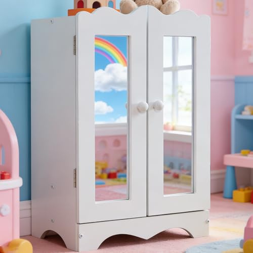 Doll Wardrobe, Wooden Doll Closet, 18 Inch Wardrobe with Mirror and 6 Hangers, Closed Door and Accessories, Wooden Closet for Clothes Storage and Role Play Games