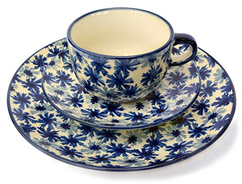 Bunzlauer Kaffee-Gedeck mit Tasse, Untertasse und Teller 21,5 cm (Dekor Kornblumen)