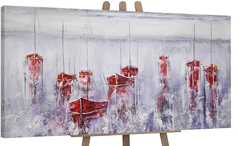 YS-Art Pintura hecha a mano motivo marino Un puerto tranquilo Pintado en acrílico con barcos rojos en un paisaje de niebla Arte 120x60 cm