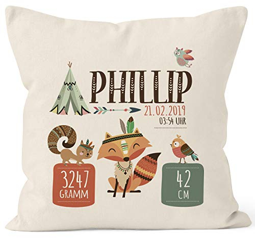 SpecialMe® Geburtskissen mit Gewicht und Größe Jungen Mädchen Fuchs Boho, personalisierbares Kissen zur Geburt Geschenk, Kissen-Bezug ohne Füllung Natur Unisize