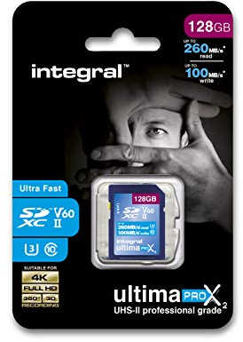 Integral Tarjeta SD de 128 GB UHS-II V60 con velocidades de lectura de hasta 260 MB/s y velocidades de escritura de 100 MB/s. Tarjeta de memoria de alta velocidad profesional SDXC