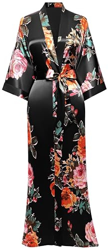 BABEYOND Women's Kimono Robe Long Satin Silky Floral Lightweight Bridesmaid Wedding Bachelorette Party Robe