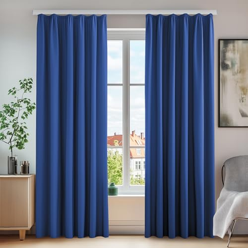 Deconovo Set med 2 ogenomskinliga och bullerdämpande termiska gardiner med veckband, 210 x 140 cm (höjd x bredd), kungsblå