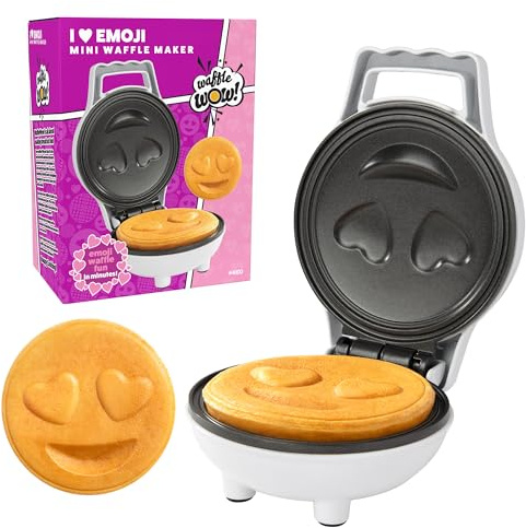 Heart Eyes Emoji Mini Waffle Maker, Personal-Sized 4 Smiley Face Pancakes