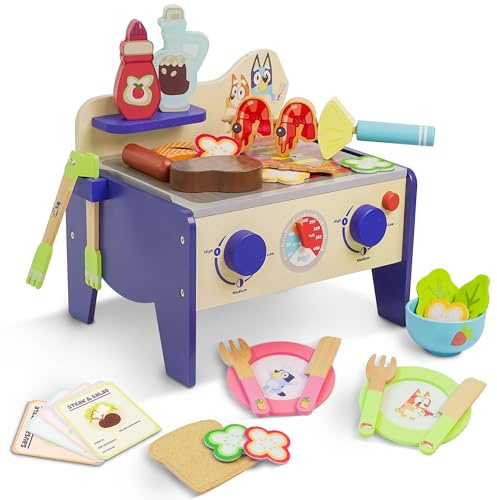 Bluey 8th Wonder Wooden Salad & BBQ Grill Toy Set, 33-Piece Play BBQ Food Set with Tongs, Food, and 6 Recipe Cards, Kitchen Toys for Kids Ages 3+