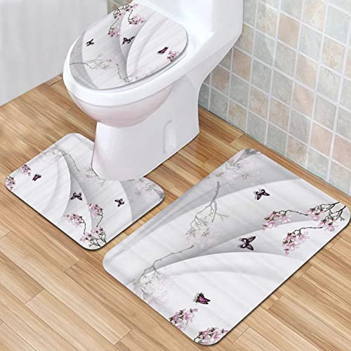 IUBBKI Badezimmermatte, rutschfeste Badematte, Sakura Pflaume, Schmetterling, Tier, dekorativer weißer Hintergrund, Badematten-Set, 3-teilig, saugfähig, rutschfest, Badematte, WC-Vorleger, Badteppich