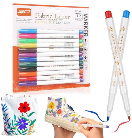 WINKIO 12 Farben Textilstifte Waschmaschinenfest, Textilmalstifte zum Bemalen, Textilmarker Stoffmalfarben Waschfest, DIY Stoffmalstifte für T-Shirts, Stofftaschen, Hüte