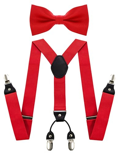 JEMYGINS Herren Hosenträger mit Vier Clips und Elastischem Rückenband inklusive Fliege Set,Rot