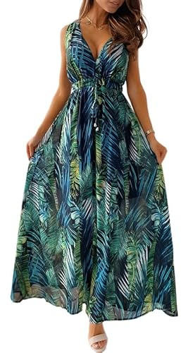 Joligiao Vestidos Largos Verano Mujer Largos Sin Mangas Informal Vestido con Cuello En V Vintage Camisa de Vestir con Estampado de Flores Elegante Playa Vestido Vacaciones Verde S