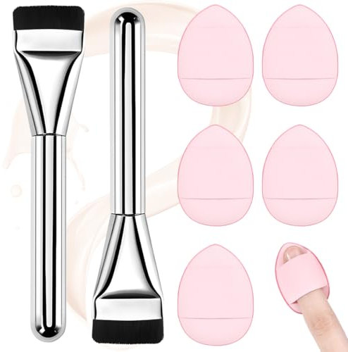 MKVZIYE 2 PCS Pinceau de fond de teint, pinceau de maquillage, anti-cernes, ultra fin, pinceau à poudre pour fond de teint liquide, pour femme +2PCS houppette au doigt