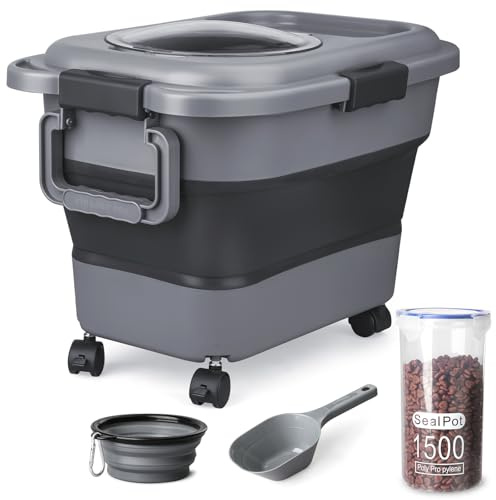 Dog Food Storage Container, 10-20 lbs Airtight Collapsible Cat Food Storage Container with Attachable Wheels, Portable Handle, Dog Food Scoop for Dog Cat Bird Pet Dry Food Storage Bin Dark Grey
