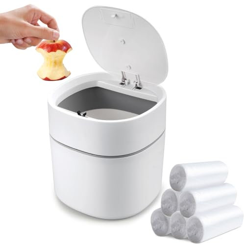 Ronyes Mini Desk Trash Can with Press Lid with Trash Bags 180 pcs Press-Top 2 Litres Tiny Garbage Bin for Office, Bedroom Countertop Use Small Table Top Plastic Covered Waste Basket Can (White)